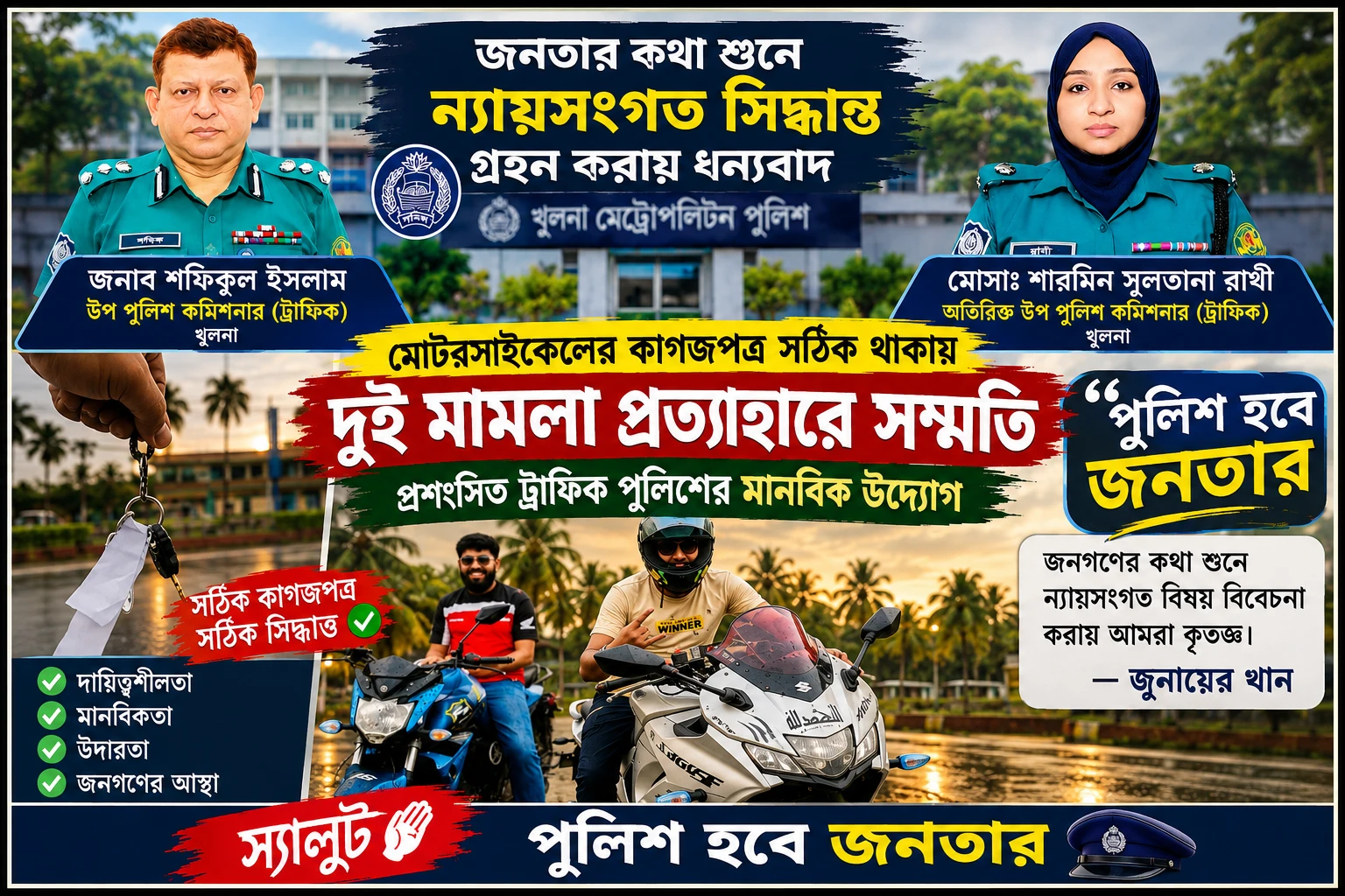 মোটরসাইকেলের কাগজপত্র সঠিক থাকায় দুই মামলা প্রত্যাহারে সম্মতি, প্রশংসিত ট্রাফিক পুলিশের মানবিক উদ্যোগ