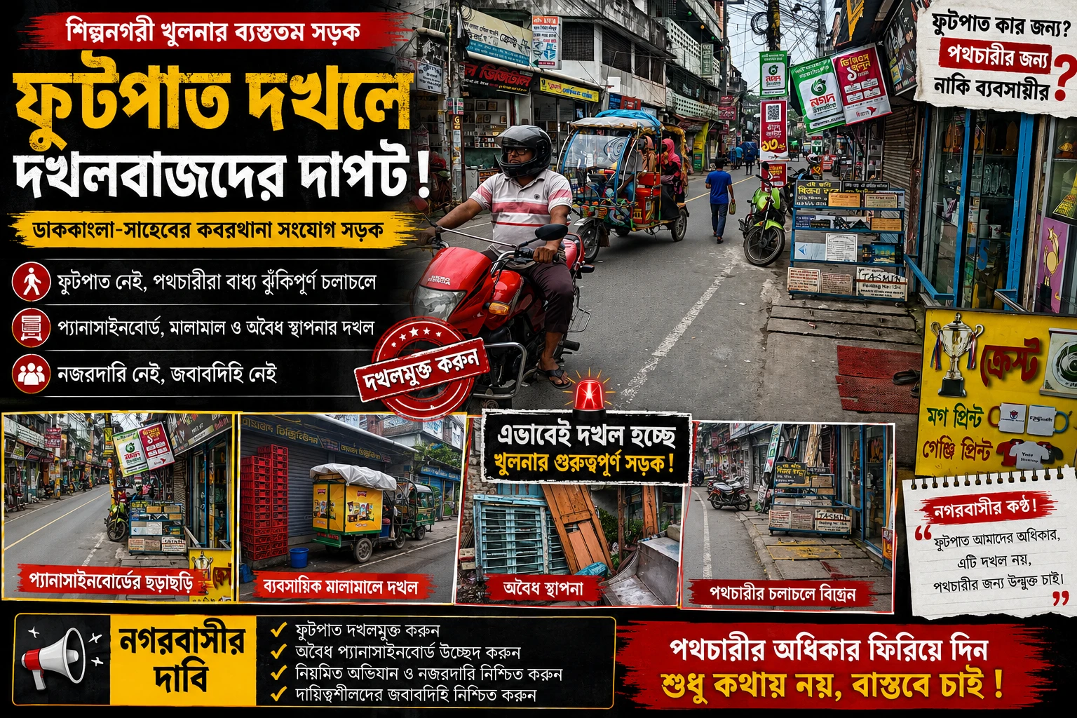প্যানাসাইনবোর্ড ও ভদ্র মুখোশধারীতে দখলে পথচারীর চলাচল, নেই কার্যকর নজরদারি